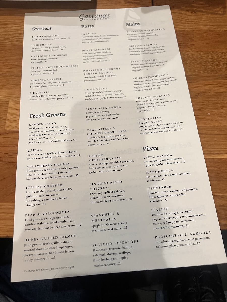 Gaetano's Restaurant Menu - Image 1